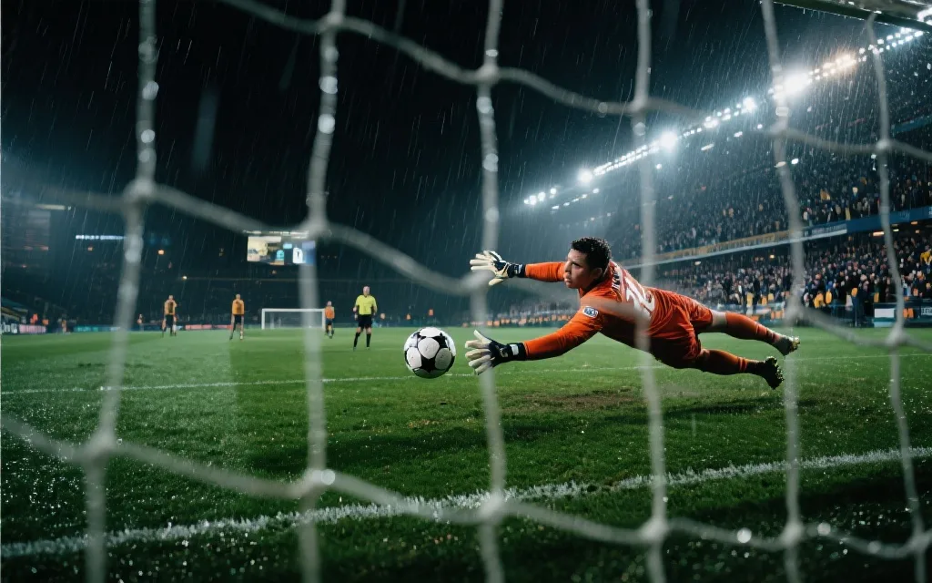 雨夜球场的点球大战瞬间,门将扑救与球迷屏息的紧张氛围
