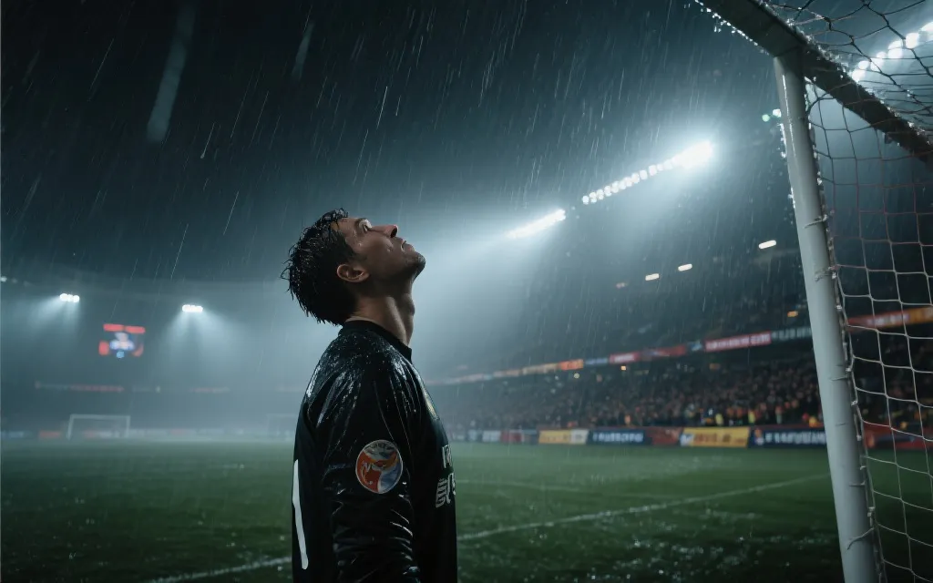 世界杯淘汰赛夜景：门将抬头望天，灯光与雨雾营造戏剧感，观众席虚化
