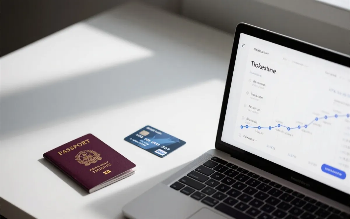 电脑屏幕上展示购票时间线与清单，旁边放着护照与信用卡的静物构图