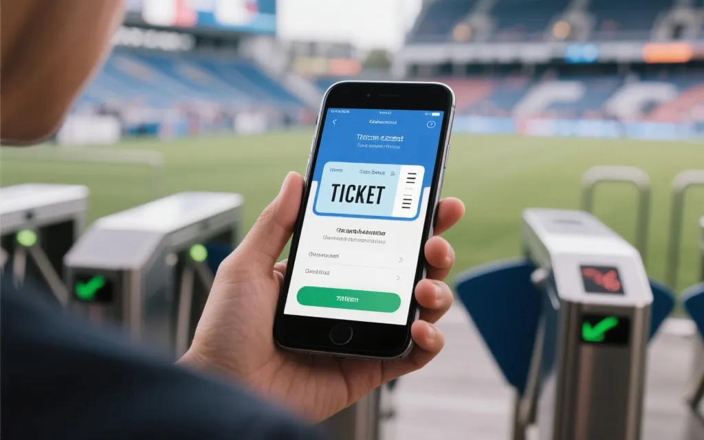 手机上展示电子票与入场闸机的场景，强调官方渠道验票